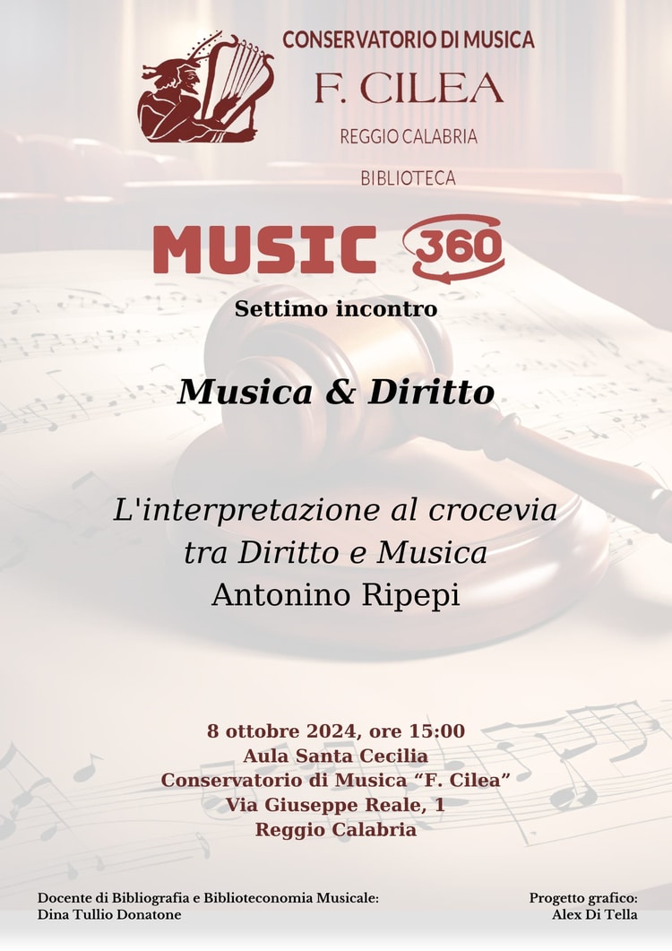 Incontri Music 360 - L'interpretazione al crocevia tra Diritto e Musica - Avv. Antonino Ripepi - 8-10-2024, ore 15 Aula S. Cecilia